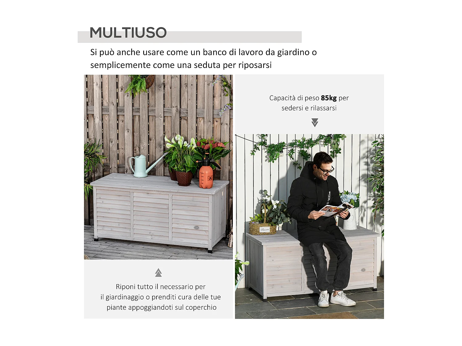 Panca contenitore da esterno con piedini antiscivolo in legno grigio