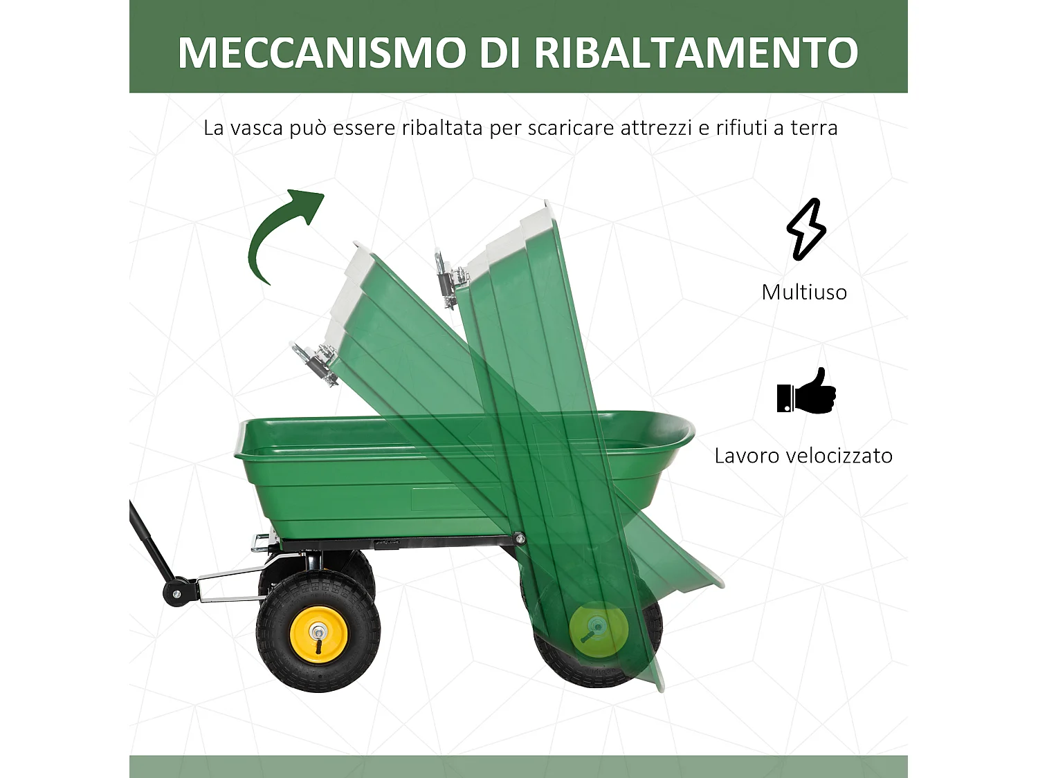 Carrello da giardino 75l in acciaio e pp con vasca verde