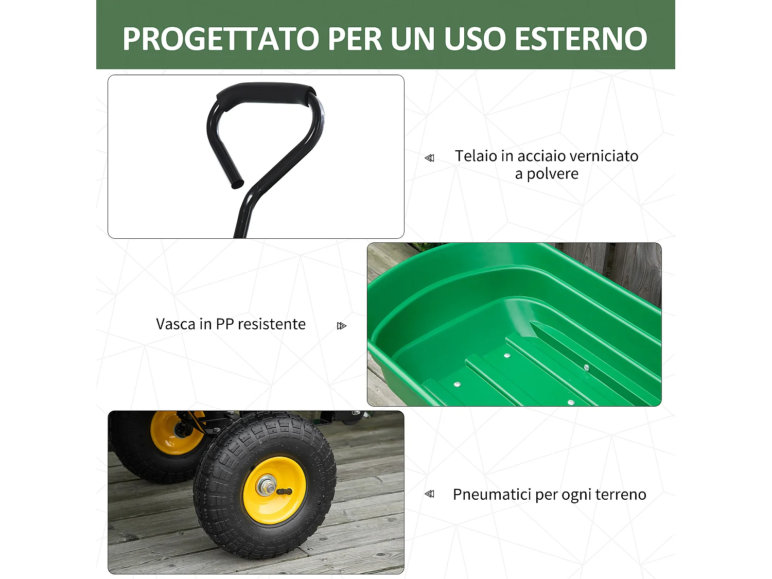 Carrello da giardino 75l in acciaio e pp con vasca verde