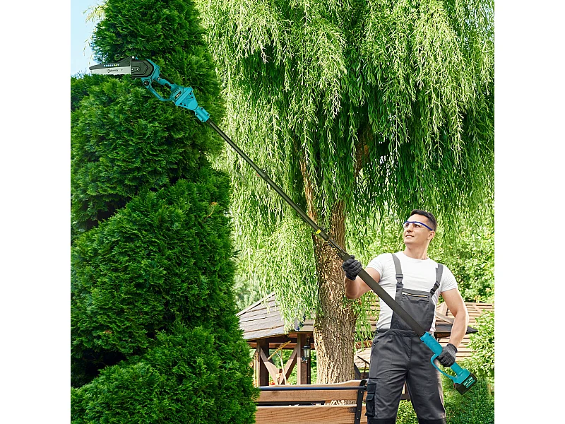 Motosega a batterie 2in1 con palo telescopico e motore brushless blu