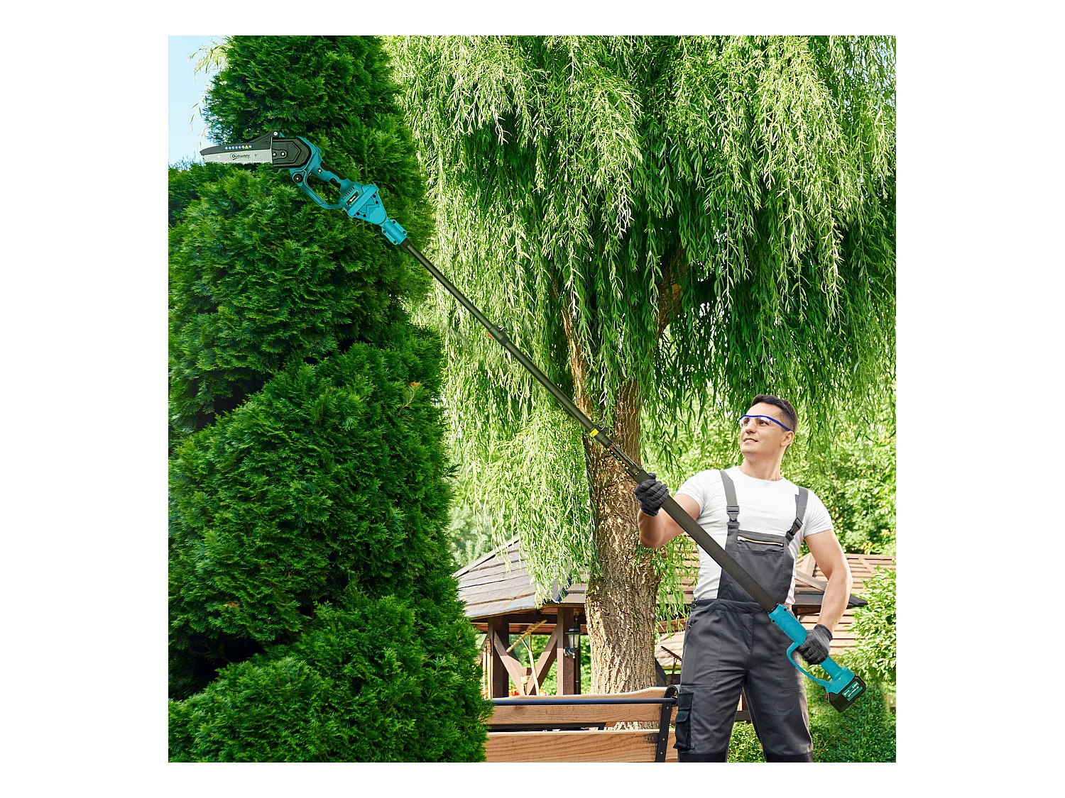 Motosega a batterie 2in1 con palo telescopico e motore brushless blu