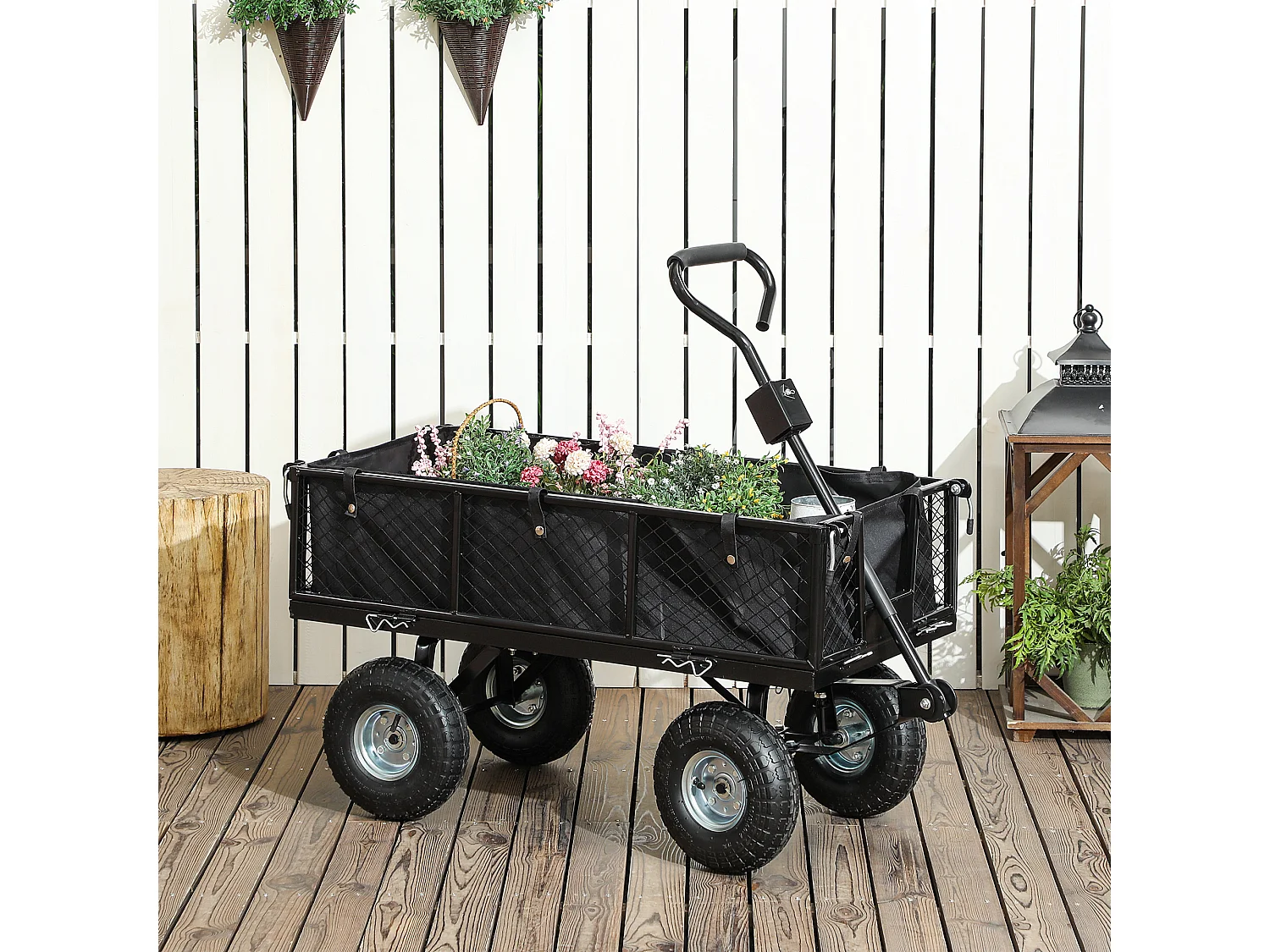 Carrello da giardino con sacca portaoggetti e pareti rimovibili nero