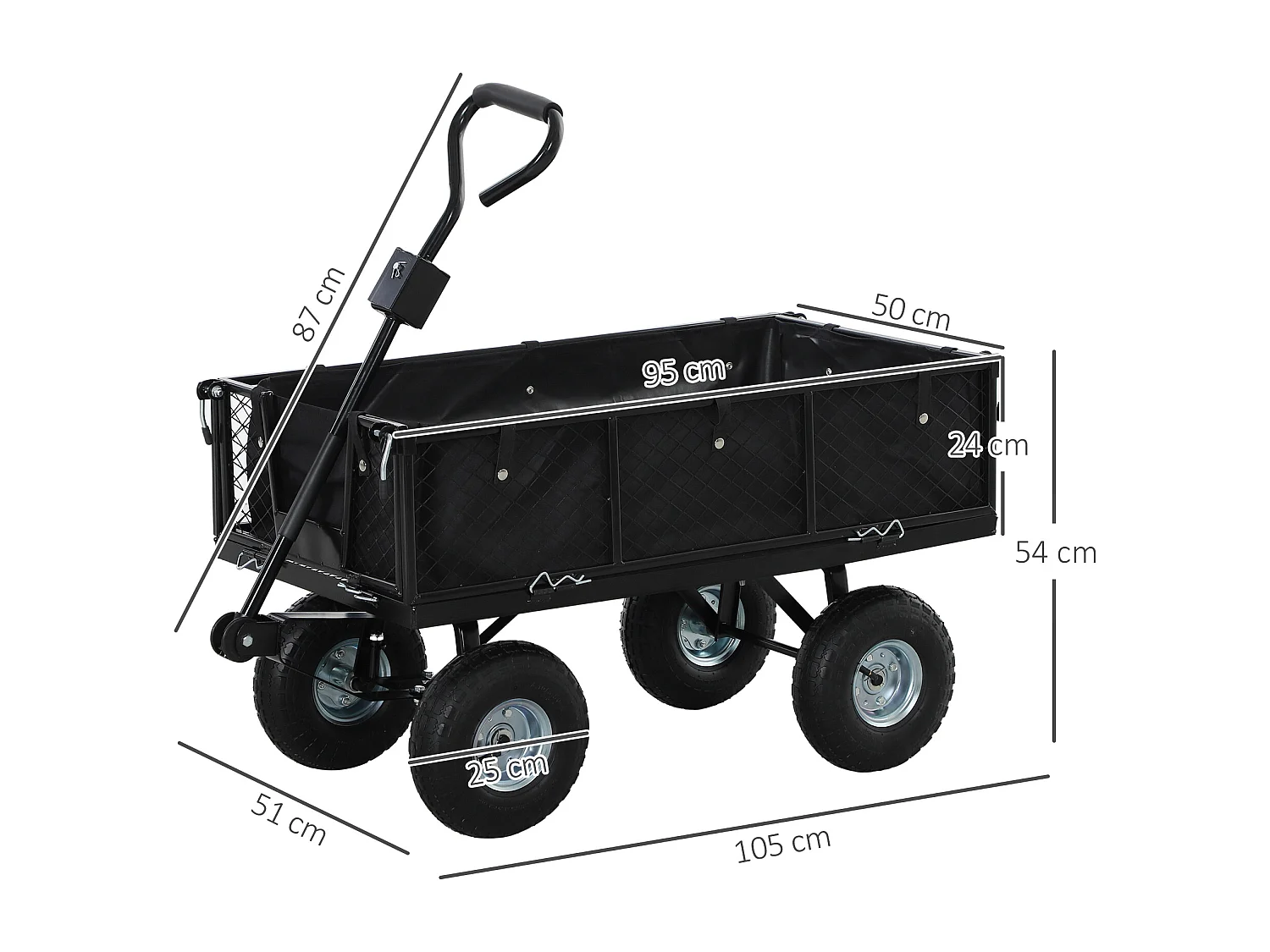Carrello da giardino con sacca portaoggetti e pareti rimovibili nero