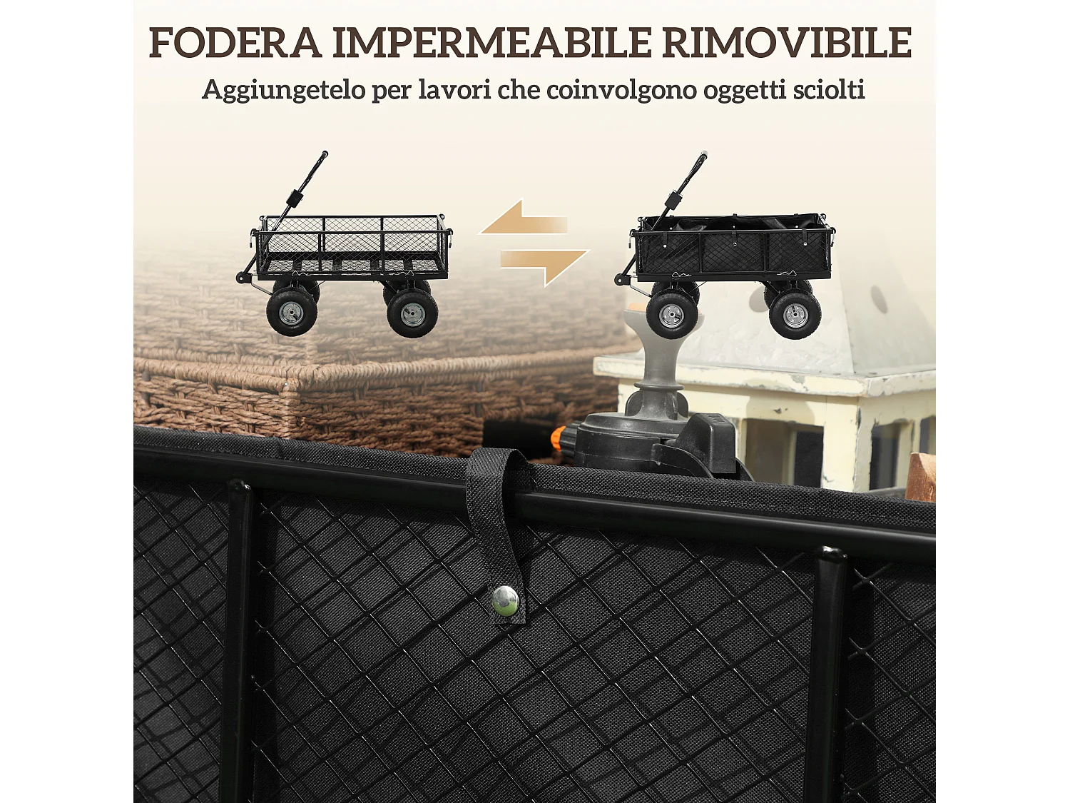 Carrello da giardino con sacca portaoggetti e pareti rimovibili nero