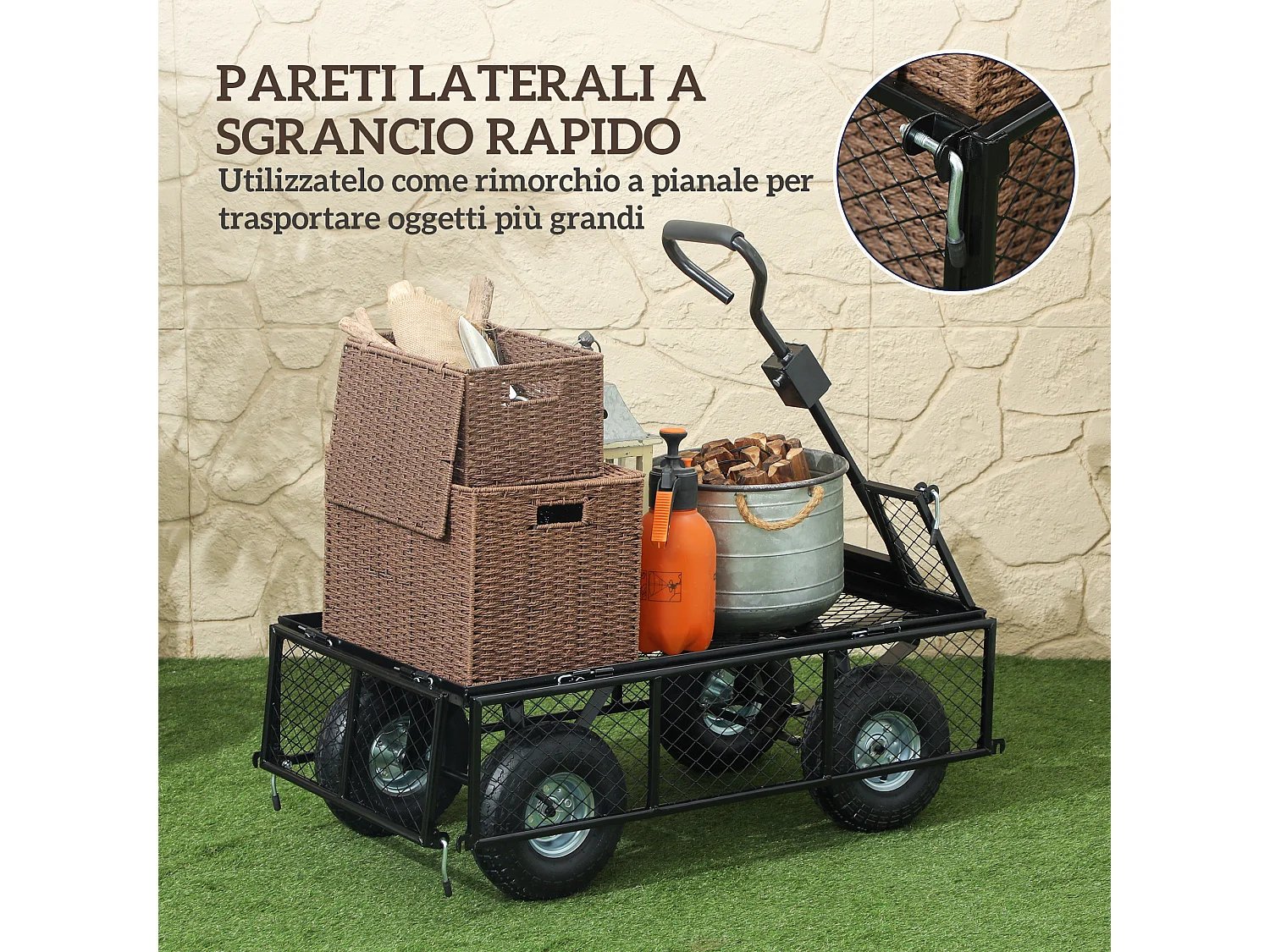 Carrello da giardino con sacca portaoggetti e pareti rimovibili nero