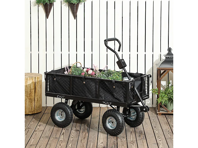 Carrello da giardino con sacca portaoggetti e pareti rimovibili nero