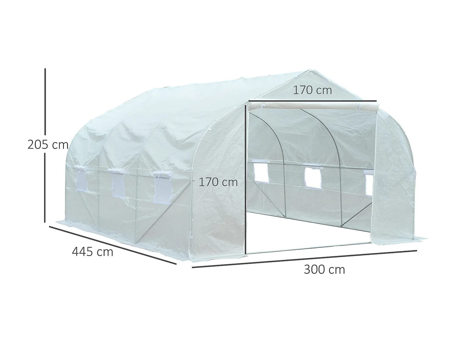 Serra a tunnel in pe con 6 finestre e tubi in ferro bianca