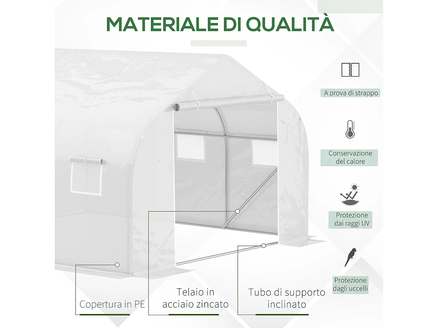 Serra a tunnel in pe con 6 finestre e tubi in ferro bianca