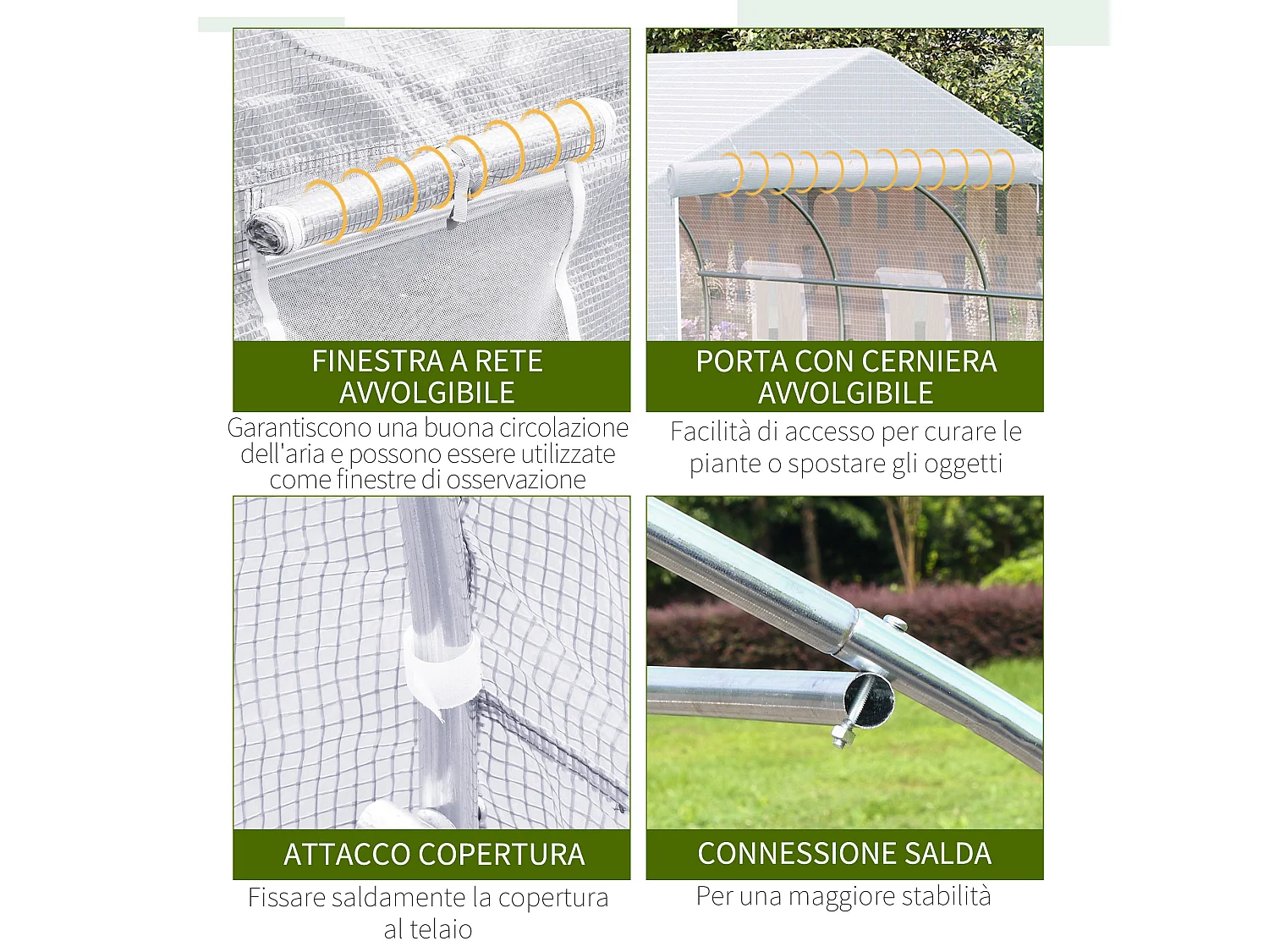 Serra a tunnel in pe con 6 finestre e tubi in ferro bianca