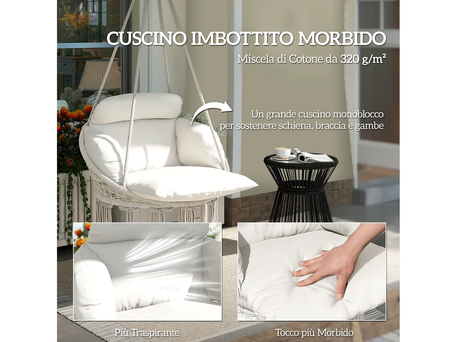 Poltrona sospesa in stile boho con cuscino 80x60x40 cm bianco crema