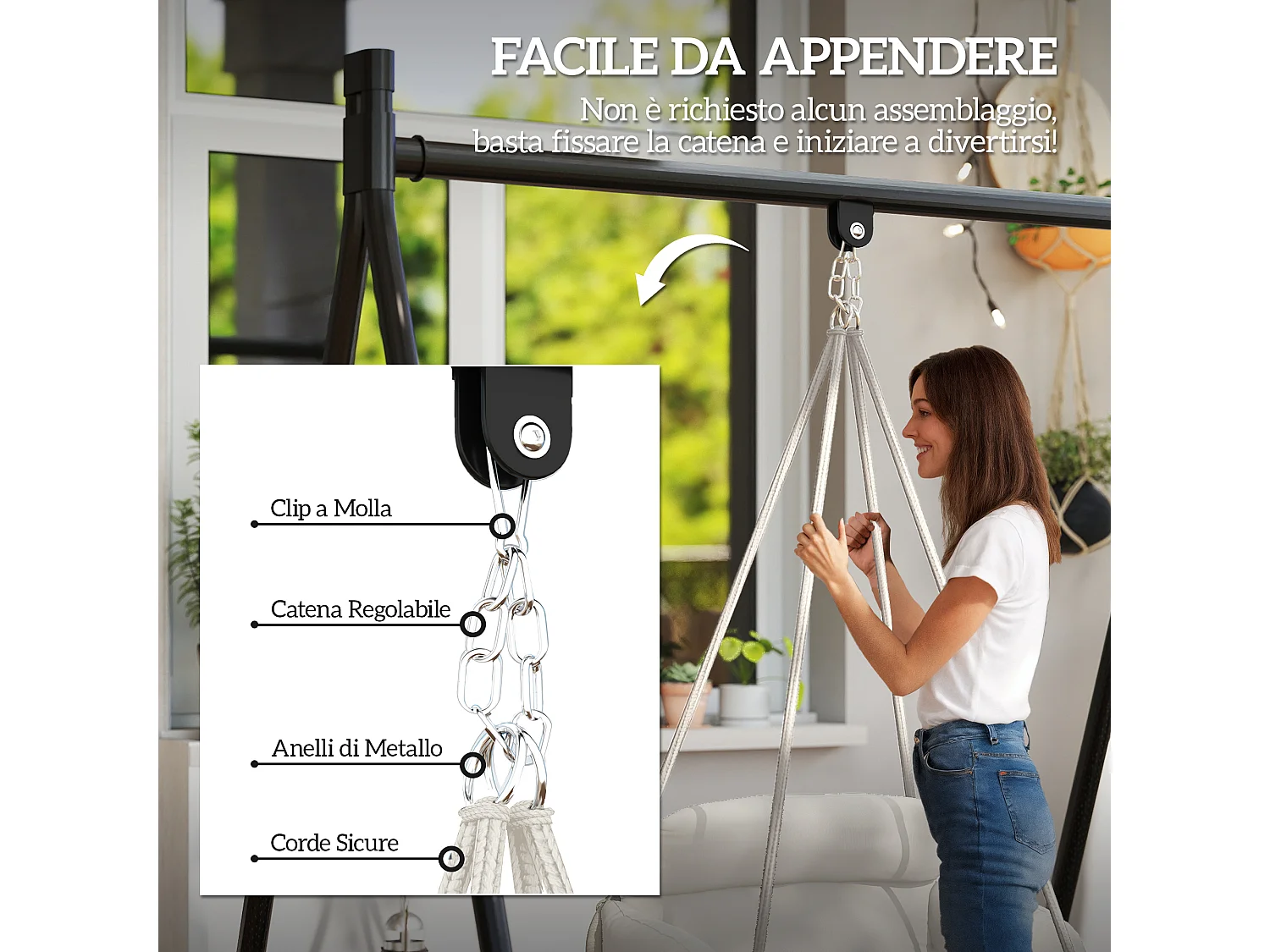 Poltrona sospesa in stile boho con cuscino 80x60x40 cm bianco crema