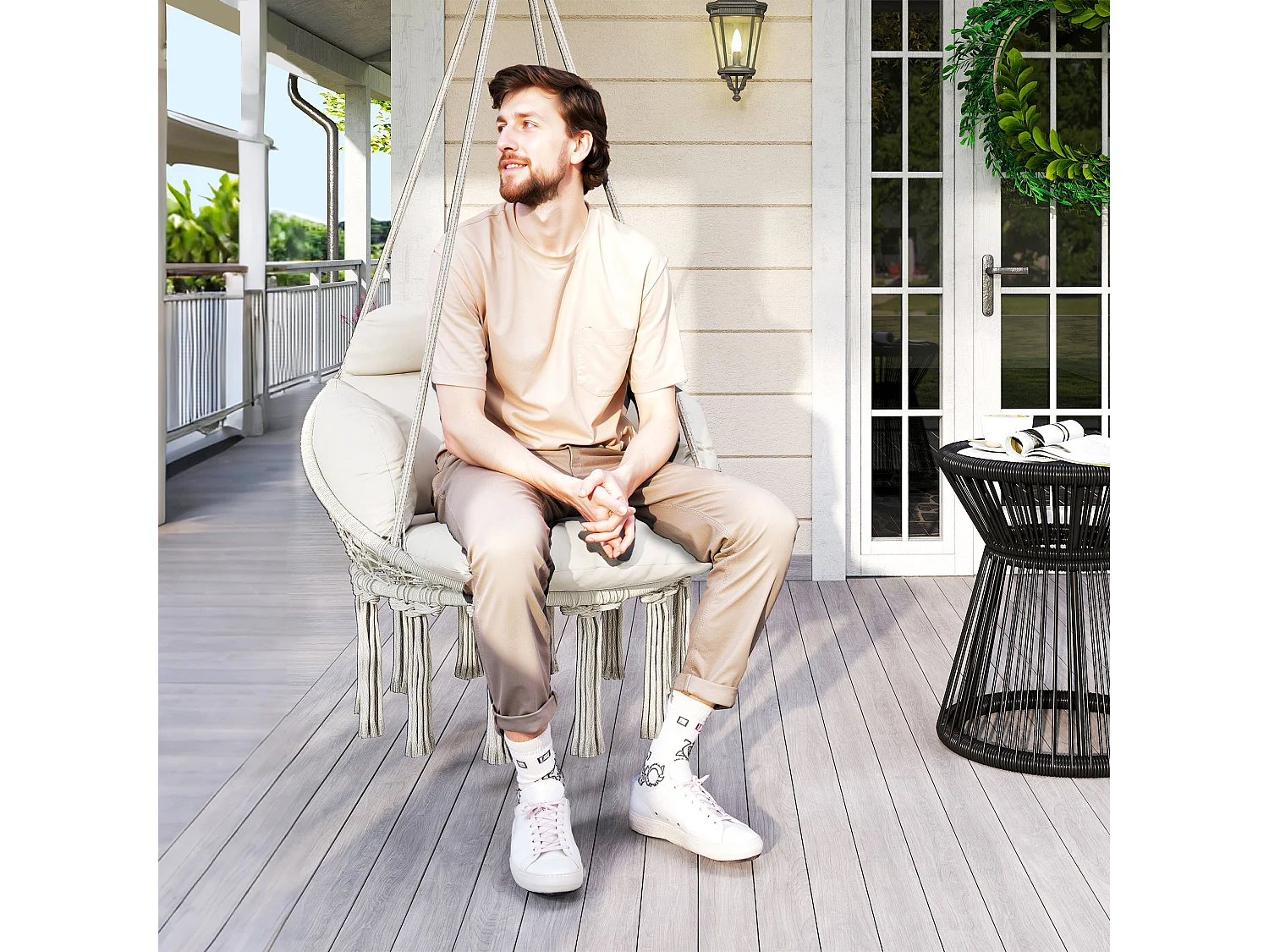 Poltrona sospesa in stile boho con cuscino 80x60x40 cm bianco crema