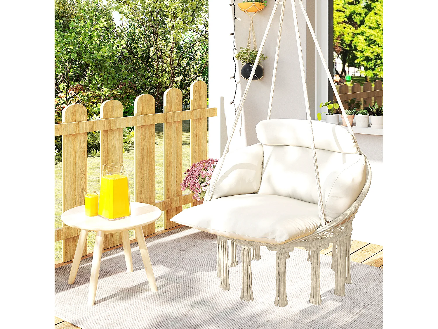 Poltrona sospesa in stile boho con cuscino 80x60x40 cm bianco crema