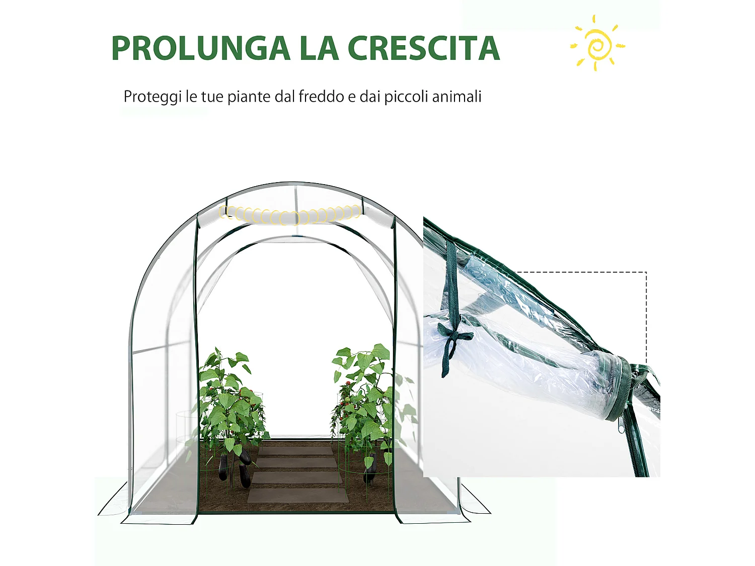 Serra a tunnel con porta avvolgibile e copertura in plastica