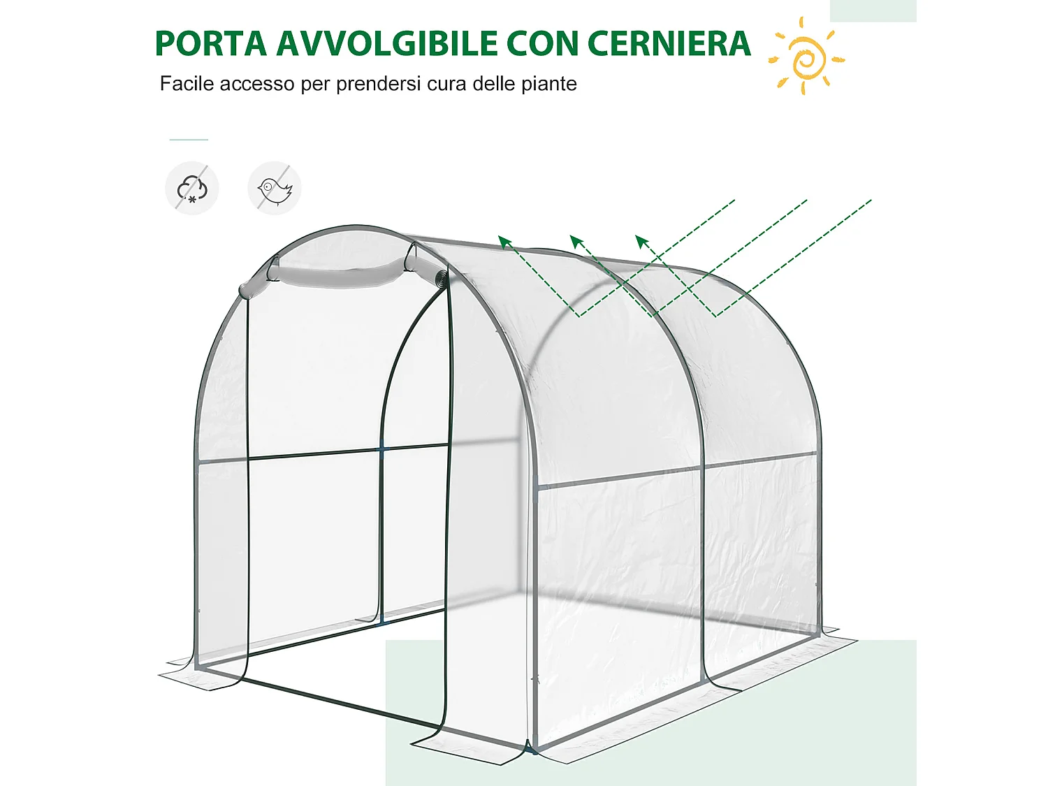 Serra a tunnel con porta avvolgibile e copertura in plastica