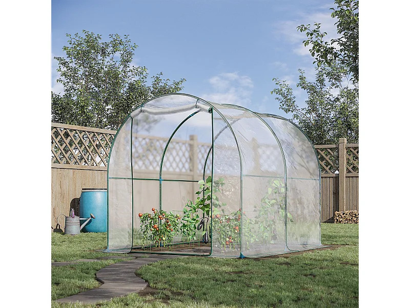 Serra a tunnel con porta avvolgibile e copertura in plastica