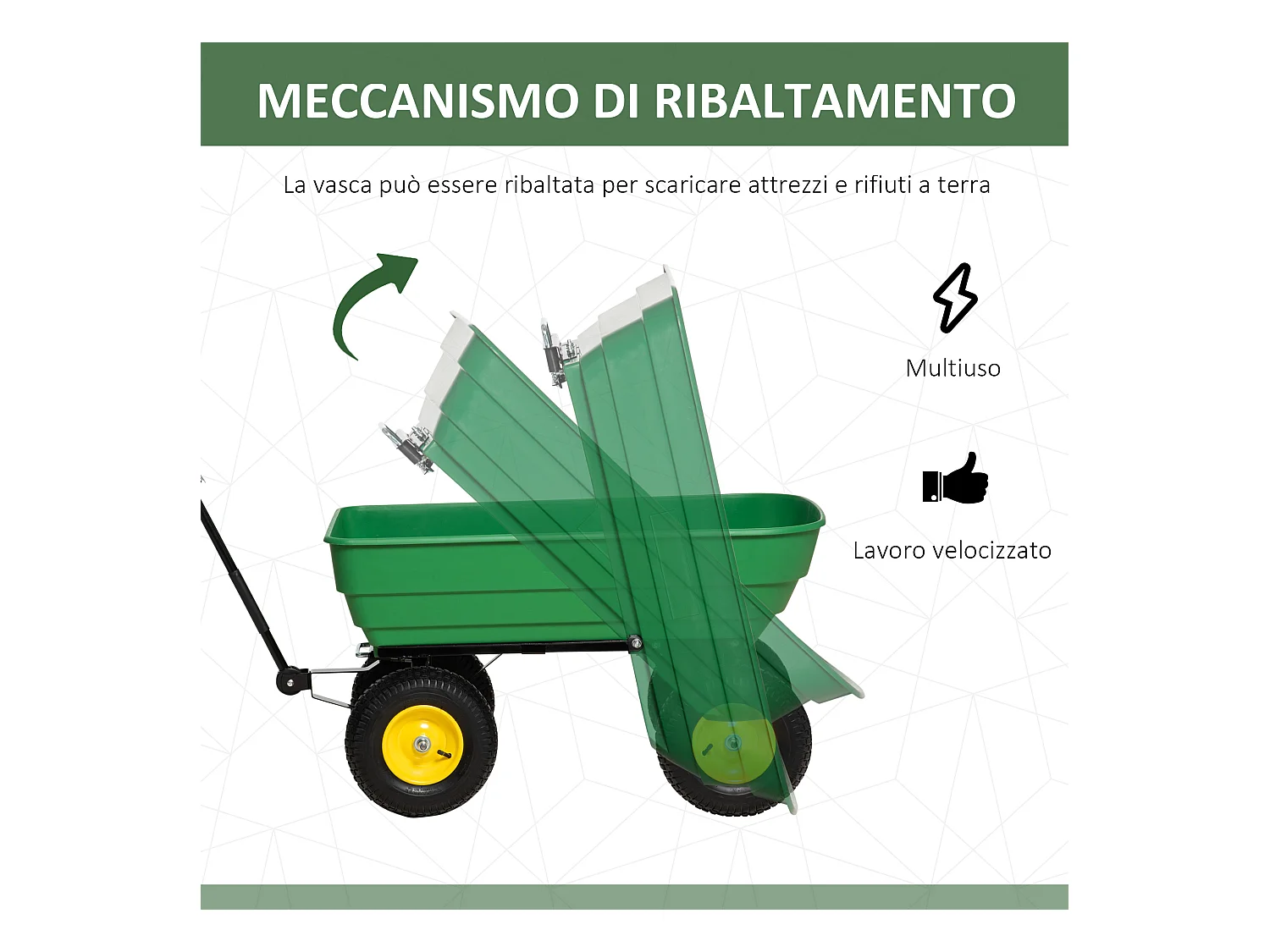Carrello da giardino 125l in acciaio e pp con vasca verde