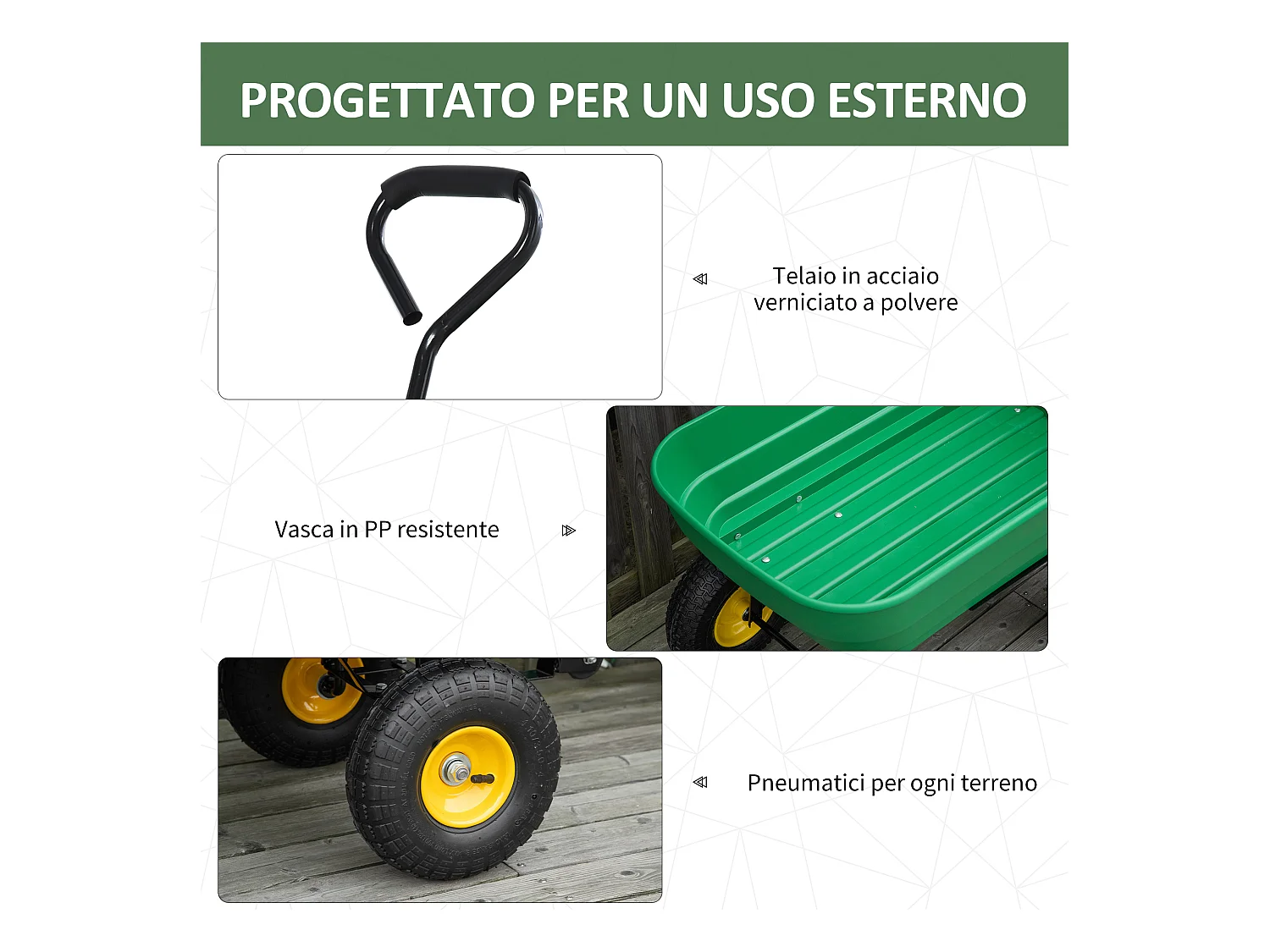 Carrello da giardino 125l in acciaio e pp con vasca verde