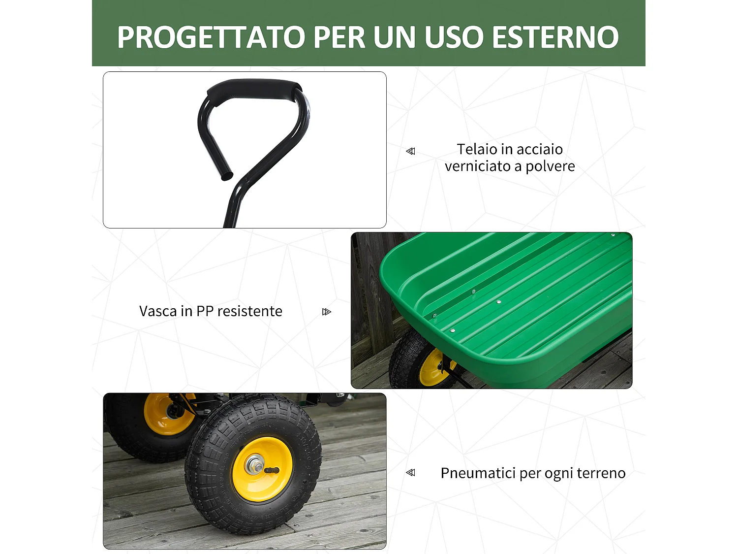 Carrello da giardino 125l in acciaio e pp con vasca verde