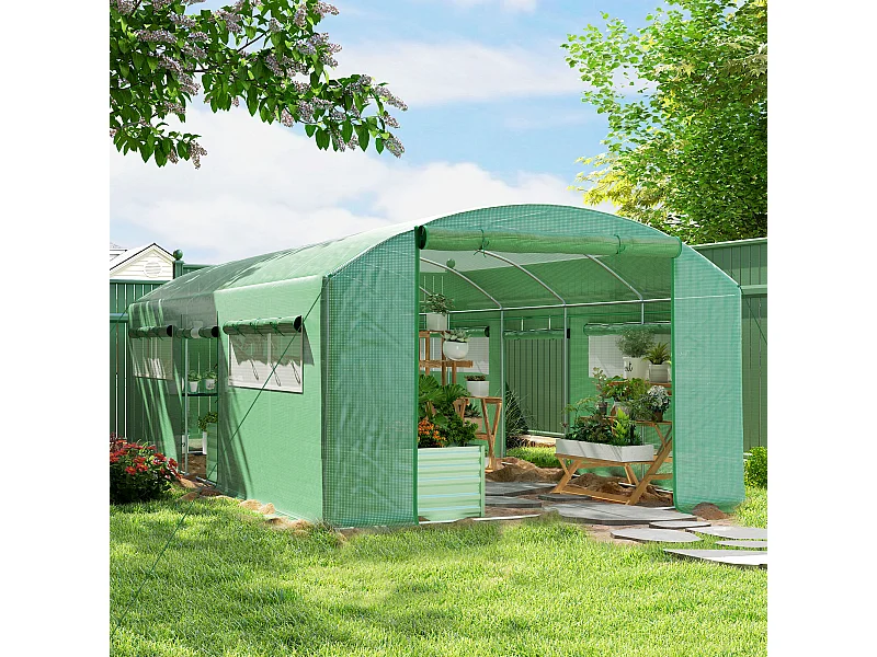 Serra a tunnel con 3 porte avvolgibili e 6 finestrelle 6x3x2 m verde