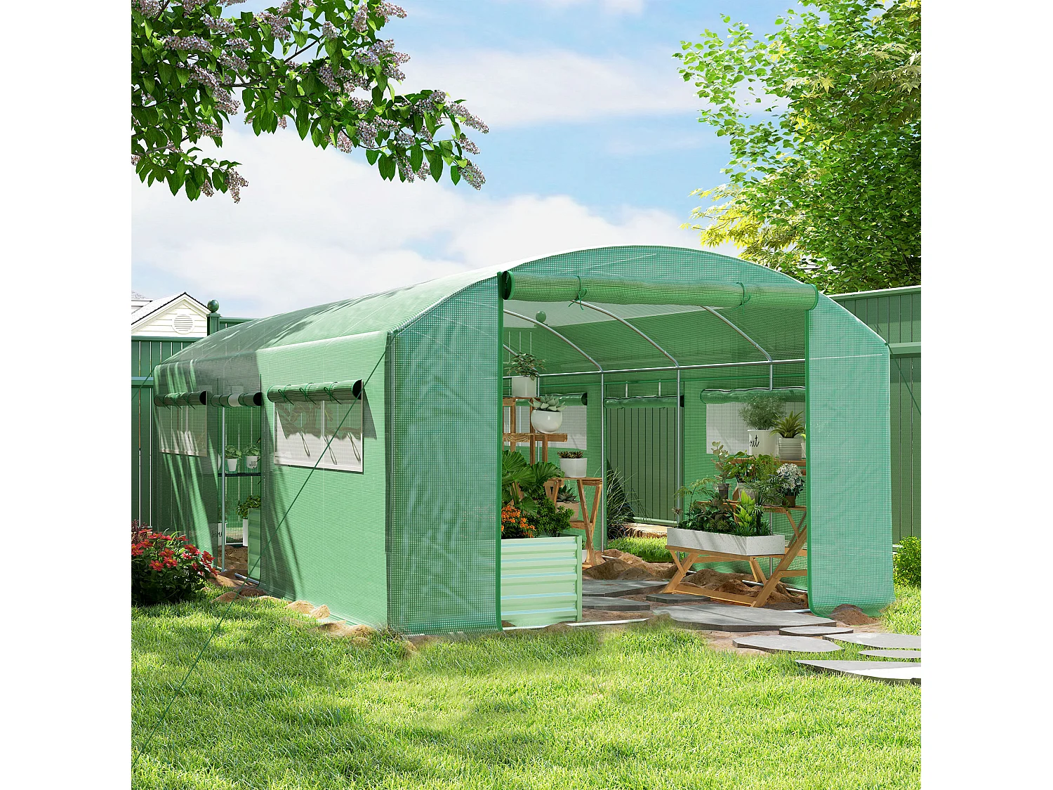 Serra a tunnel con 3 porte avvolgibili e 6 finestrelle 6x3x2 m verde