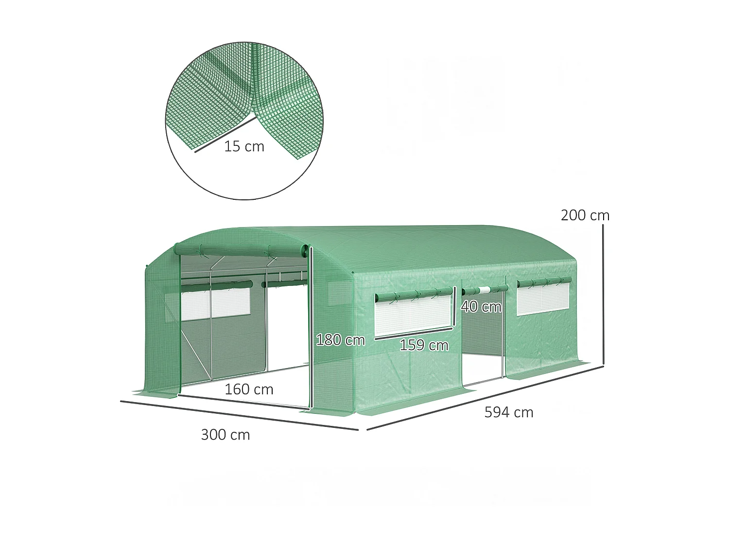 Serra a tunnel con 3 porte avvolgibili e 6 finestrelle 6x3x2 m verde