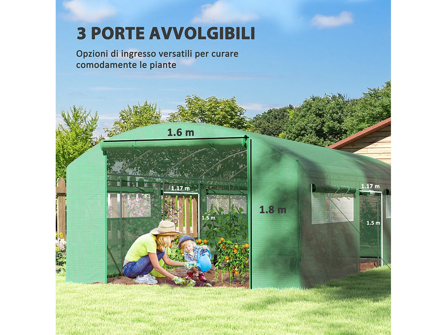 Serra a tunnel con 3 porte avvolgibili e 6 finestrelle 6x3x2 m verde