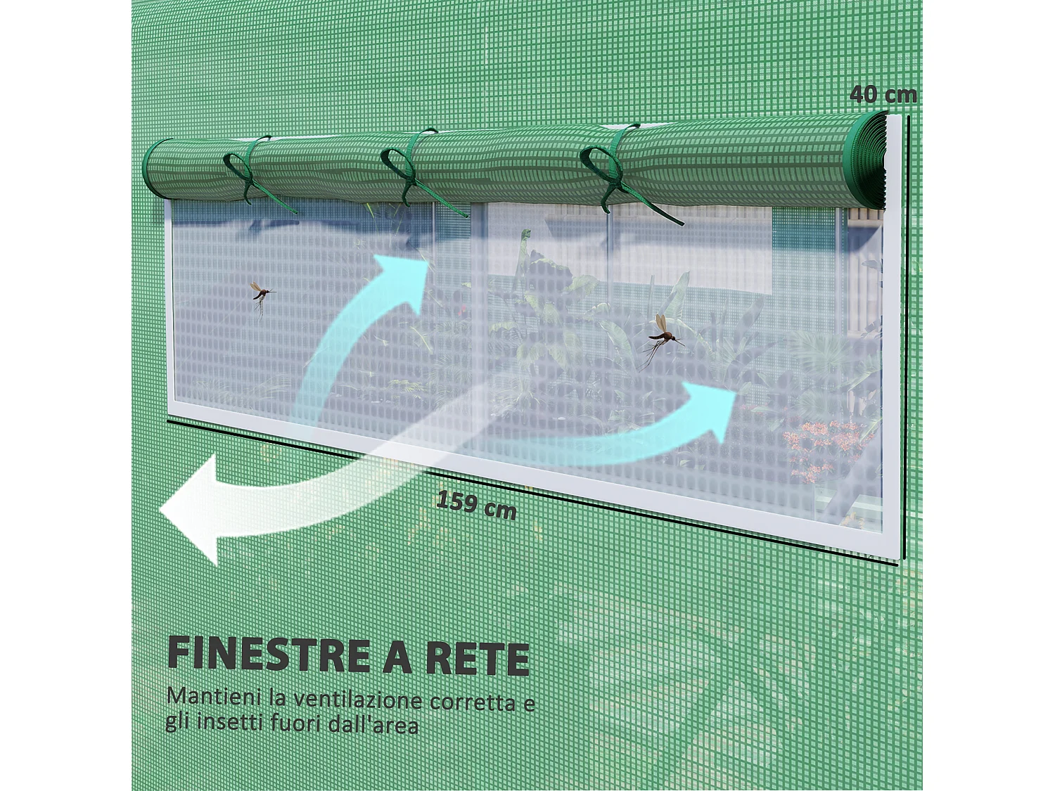 Serra a tunnel con 3 porte avvolgibili e 6 finestrelle 6x3x2 m verde