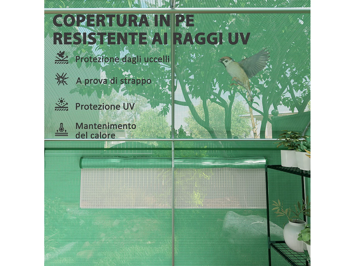 Serra a tunnel con 3 porte avvolgibili e 6 finestrelle 6x3x2 m verde