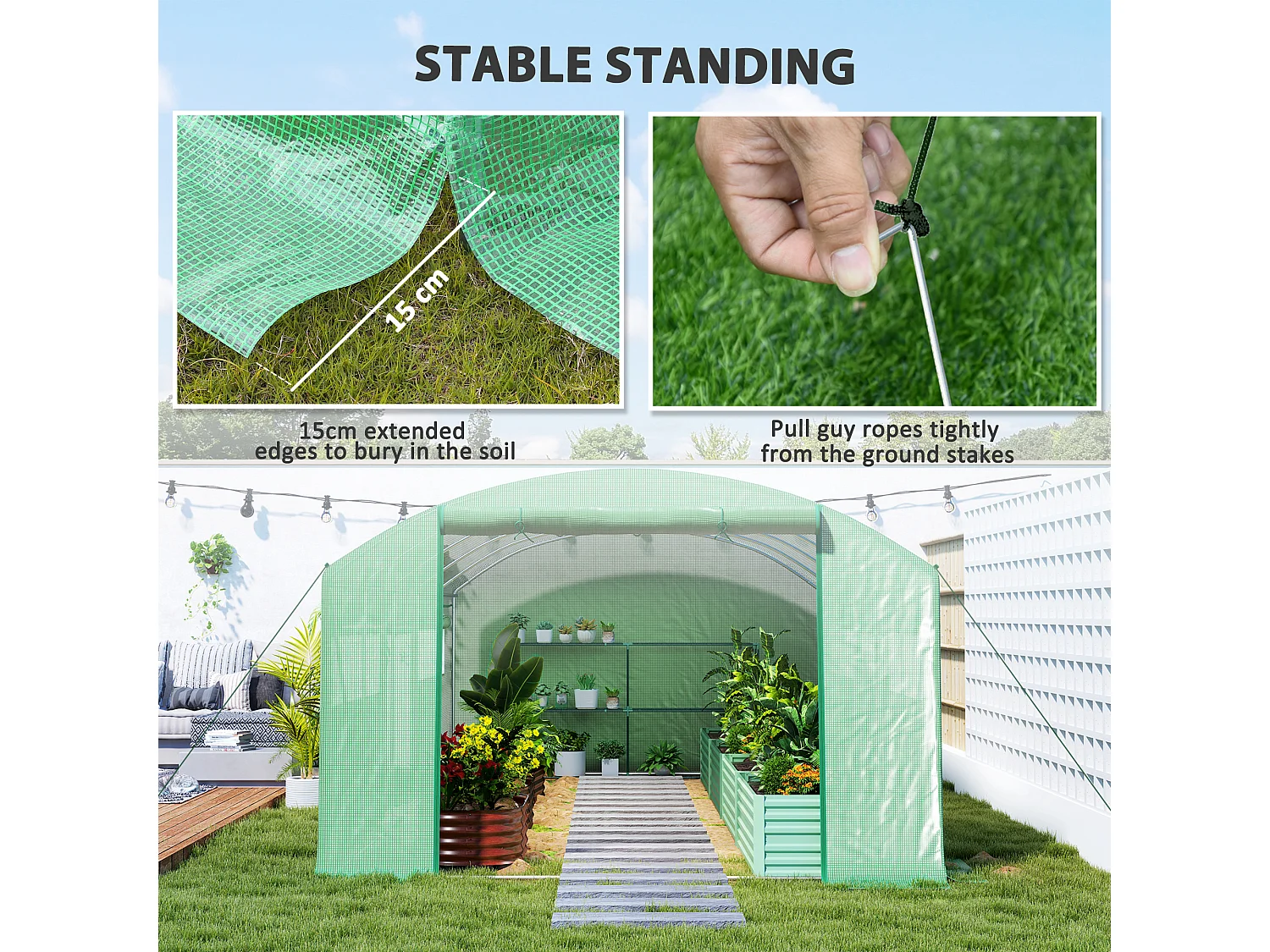 Serra a tunnel con 3 porte avvolgibili e 6 finestrelle 6x3x2 m verde