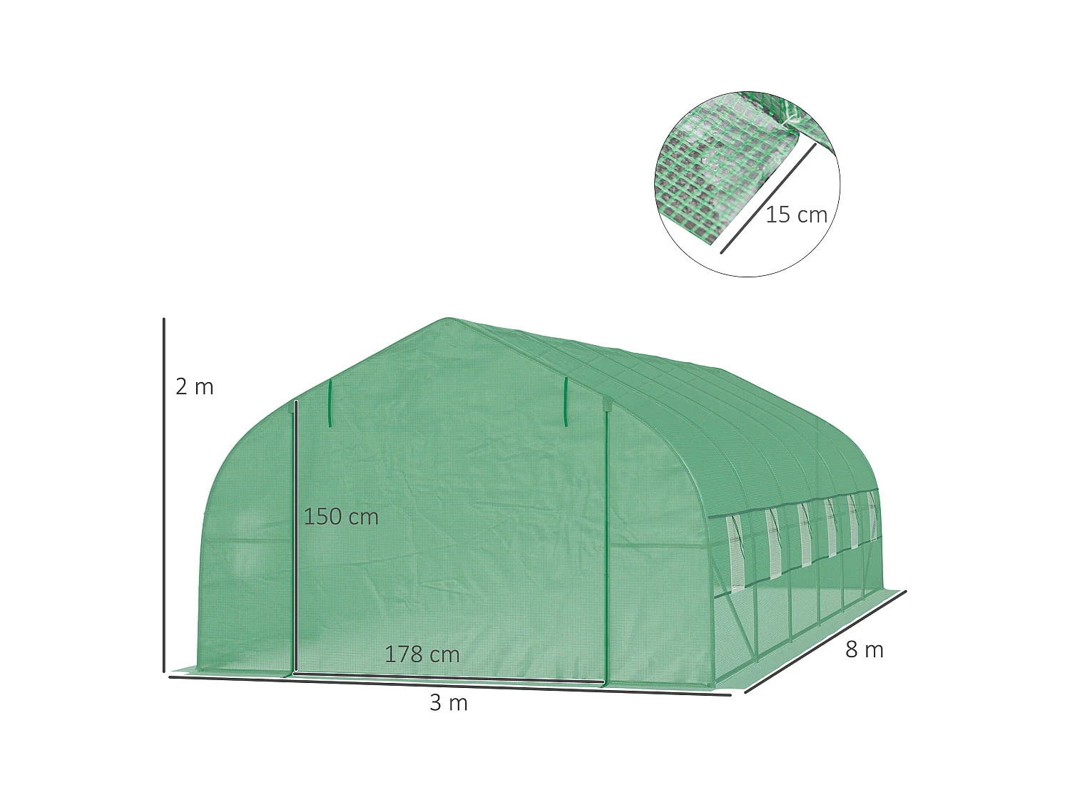 Serra per orto a tunnel 8x3x2m in pe con porta e finestre