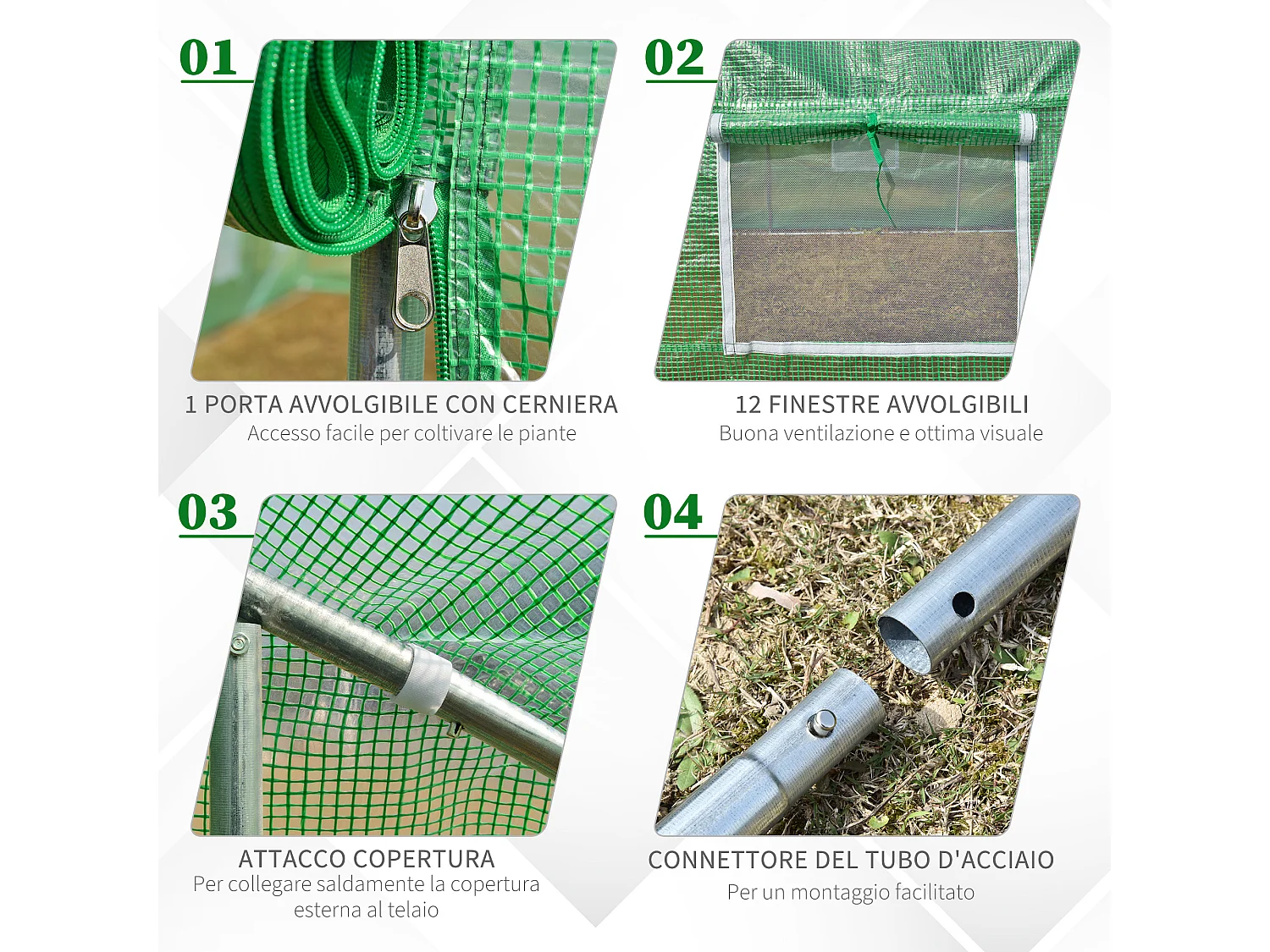 Serra per orto a tunnel 8x3x2m in pe con porta e finestre