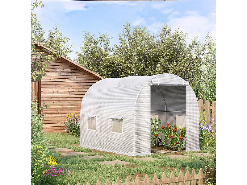 Serra a tunnel con 4 finestre in acciaio zincato e polietilene bianco