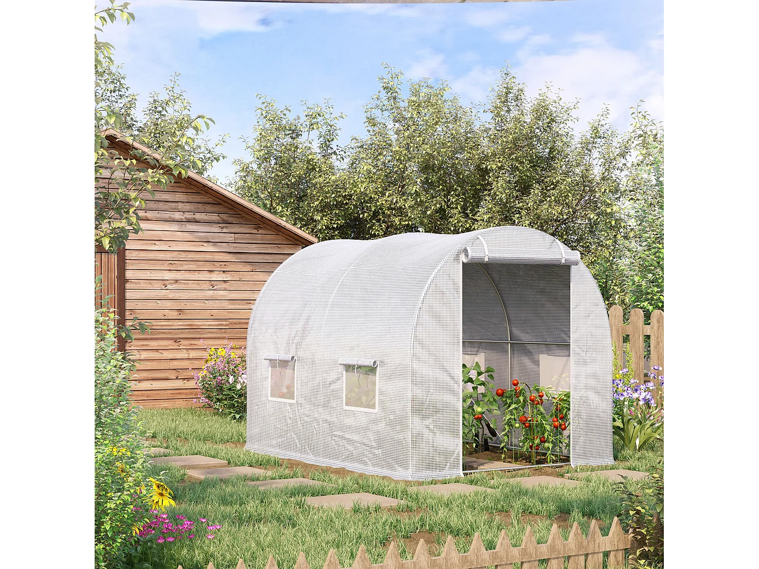 Serra a tunnel con 4 finestre in acciaio zincato e polietilene bianco