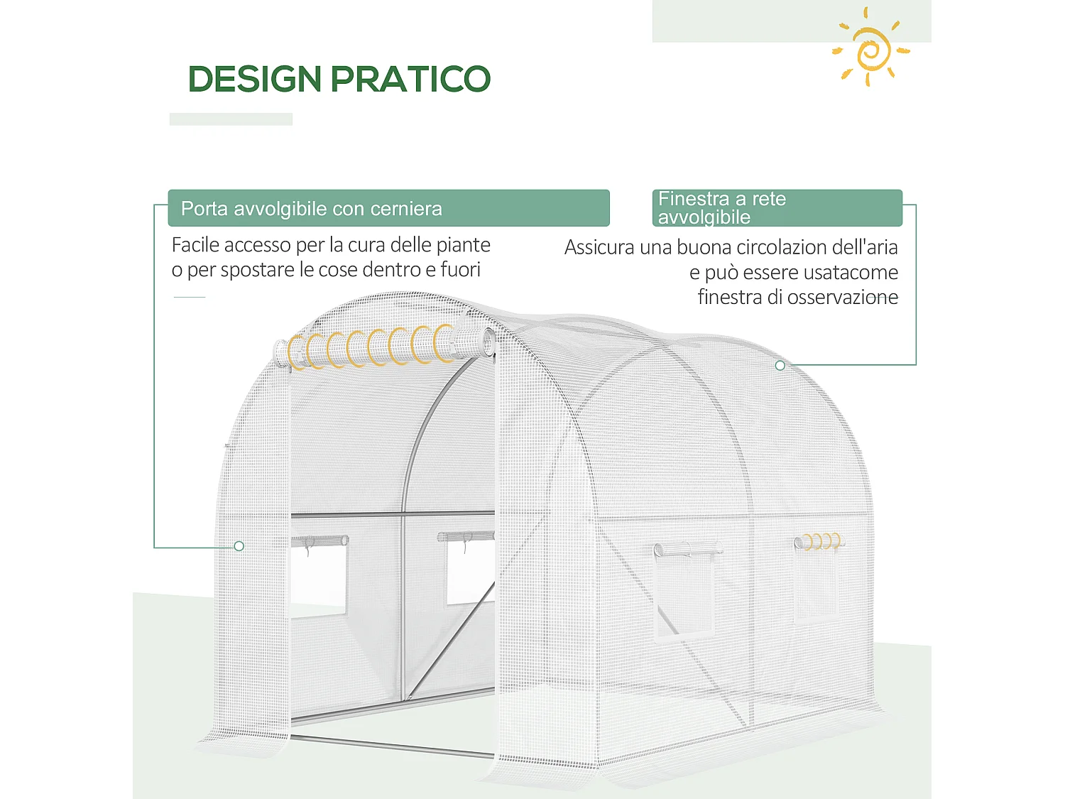 Serra a tunnel con 4 finestre in acciaio zincato e polietilene bianco