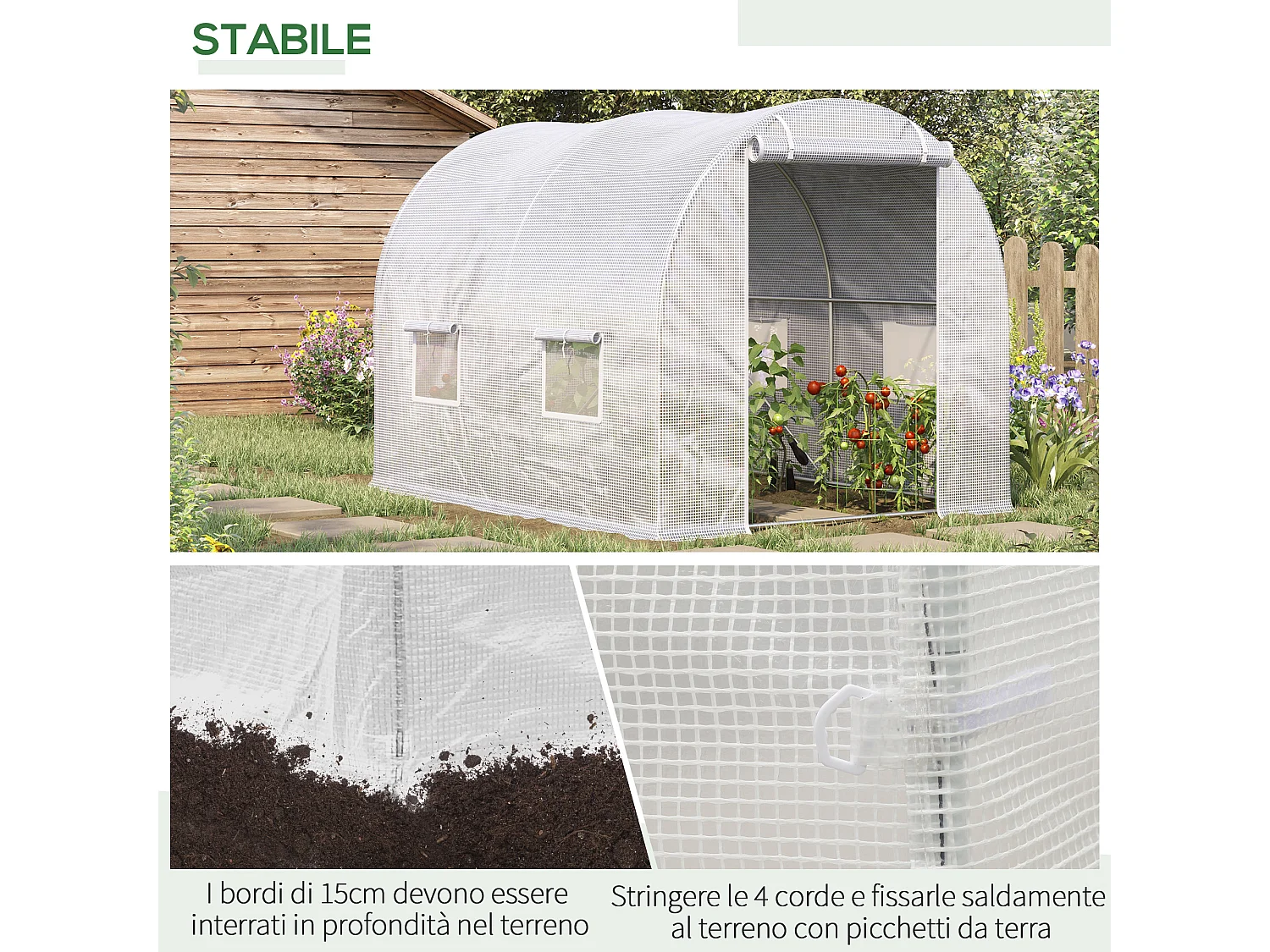 Serra a tunnel con 4 finestre in acciaio zincato e polietilene bianco