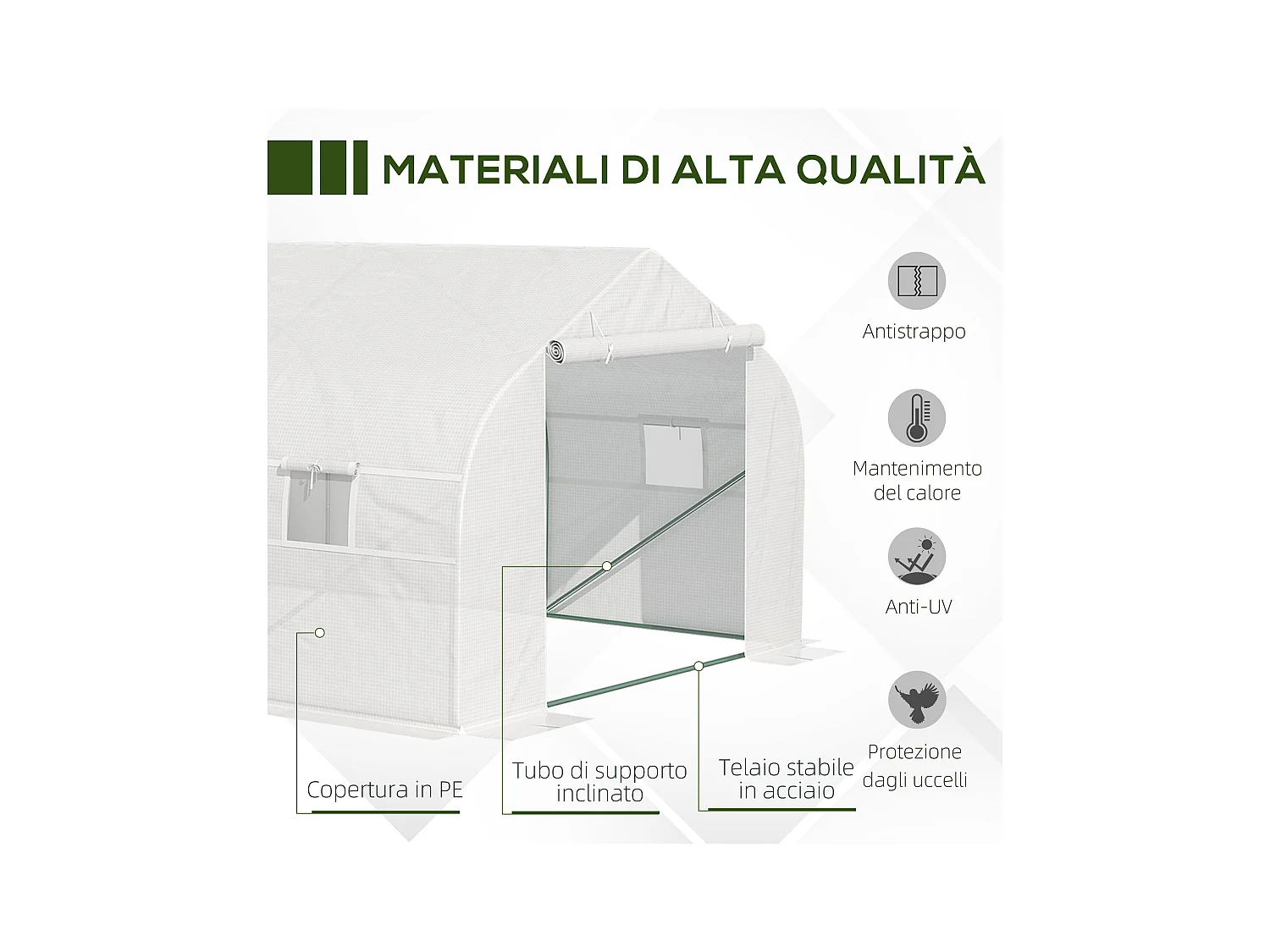 Serra per orto con 8 finestre e porta avvolgibile verde