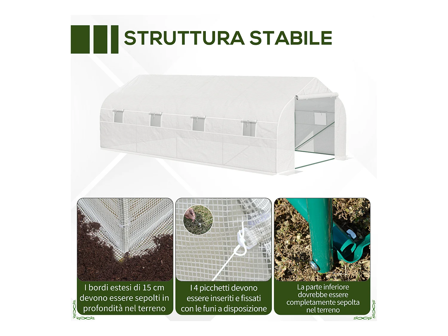 Serra per orto con 8 finestre e porta avvolgibile verde