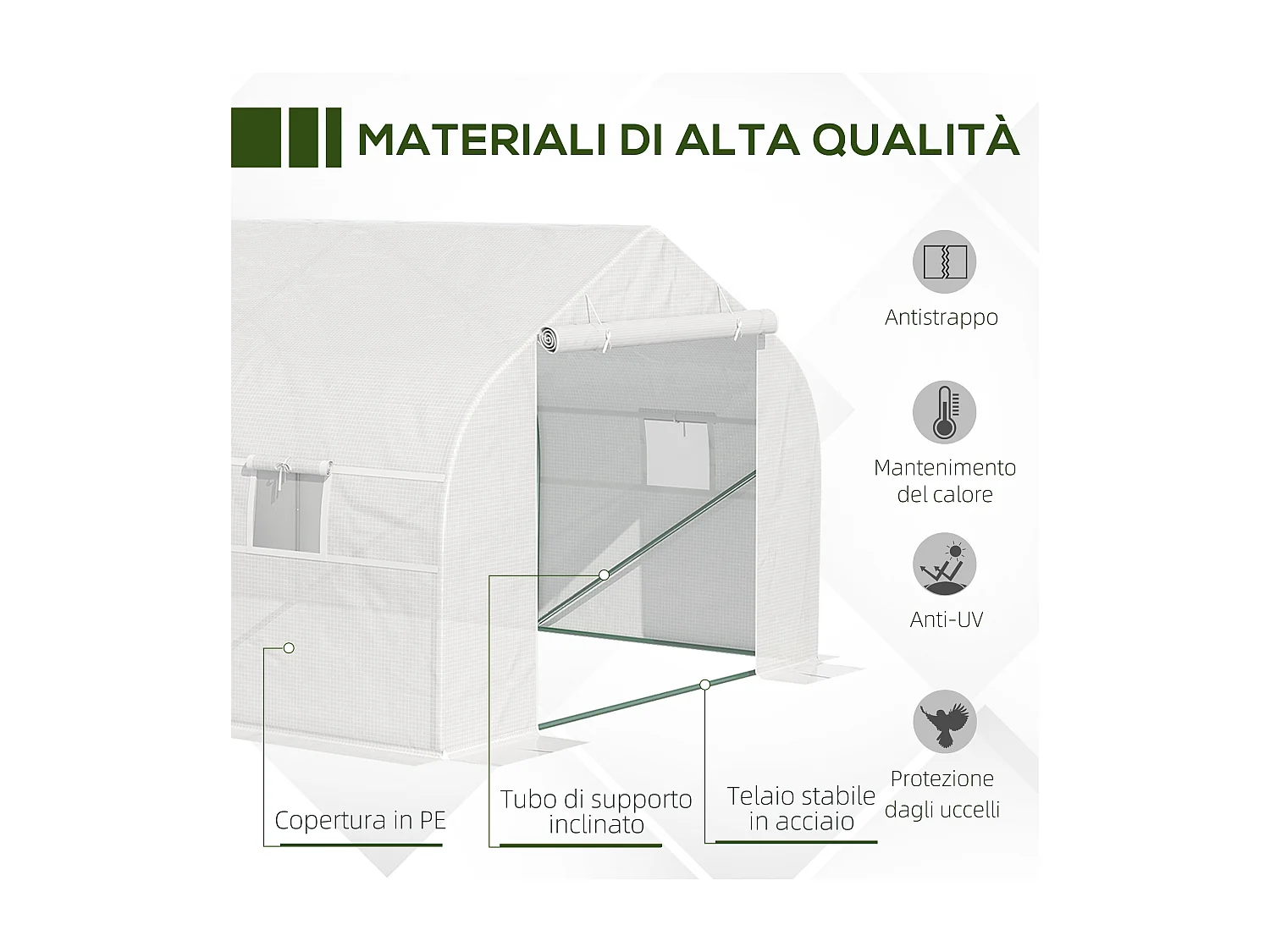 Serra per orto con 8 finestre e porta avvolgibile verde