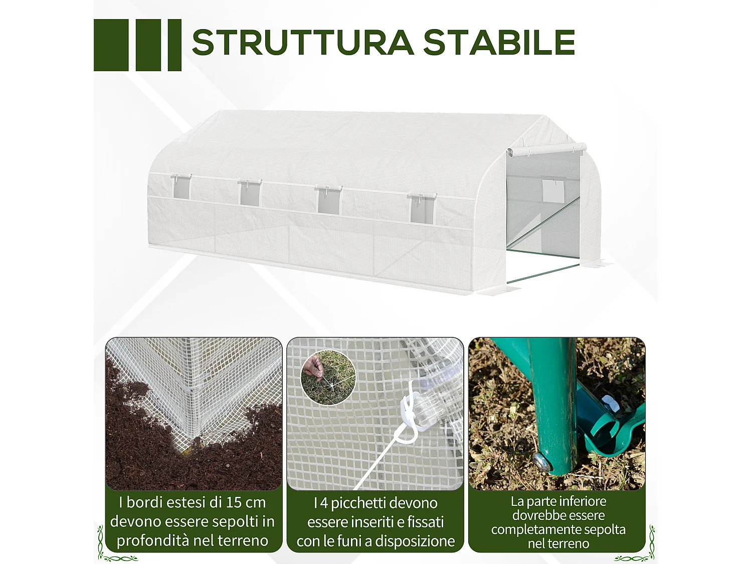 Serra per orto con 8 finestre e porta avvolgibile verde