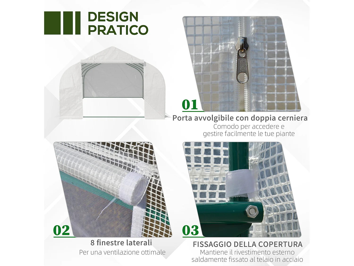 Serra per orto con 8 finestre e porta avvolgibile verde