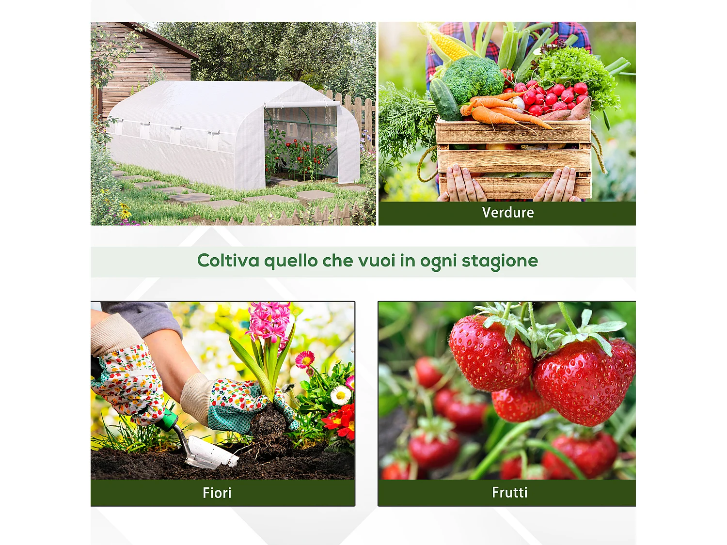 Serra per orto con 8 finestre e porta avvolgibile verde