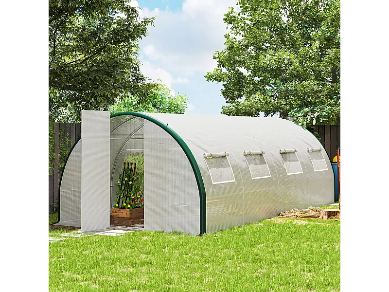 Serra a tunnel 6x3m con 2 porte a cerniera e 8 finestre bianco e verde