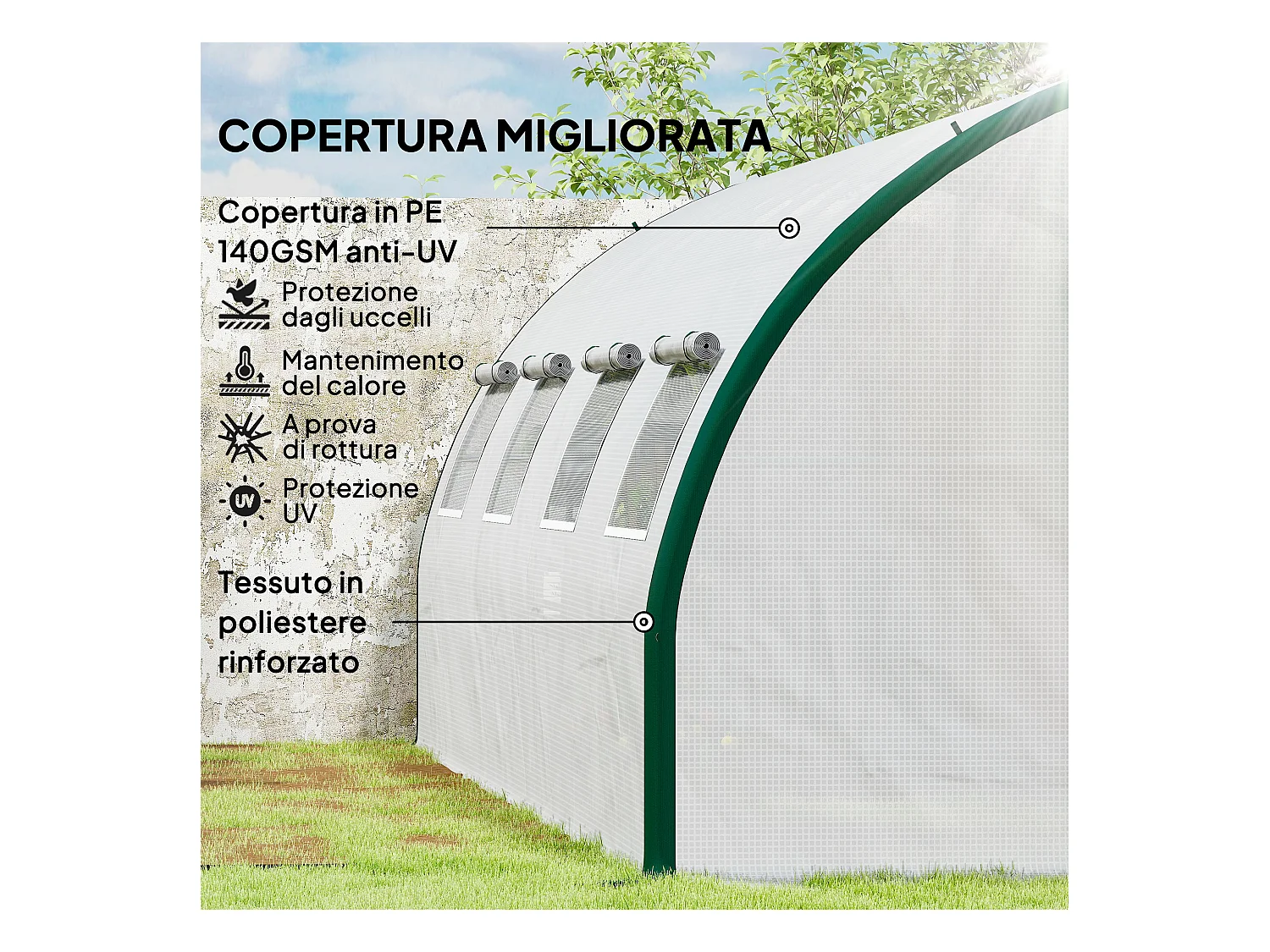 Serra a tunnel 6x3m con 2 porte a cerniera e 8 finestre bianco e verde