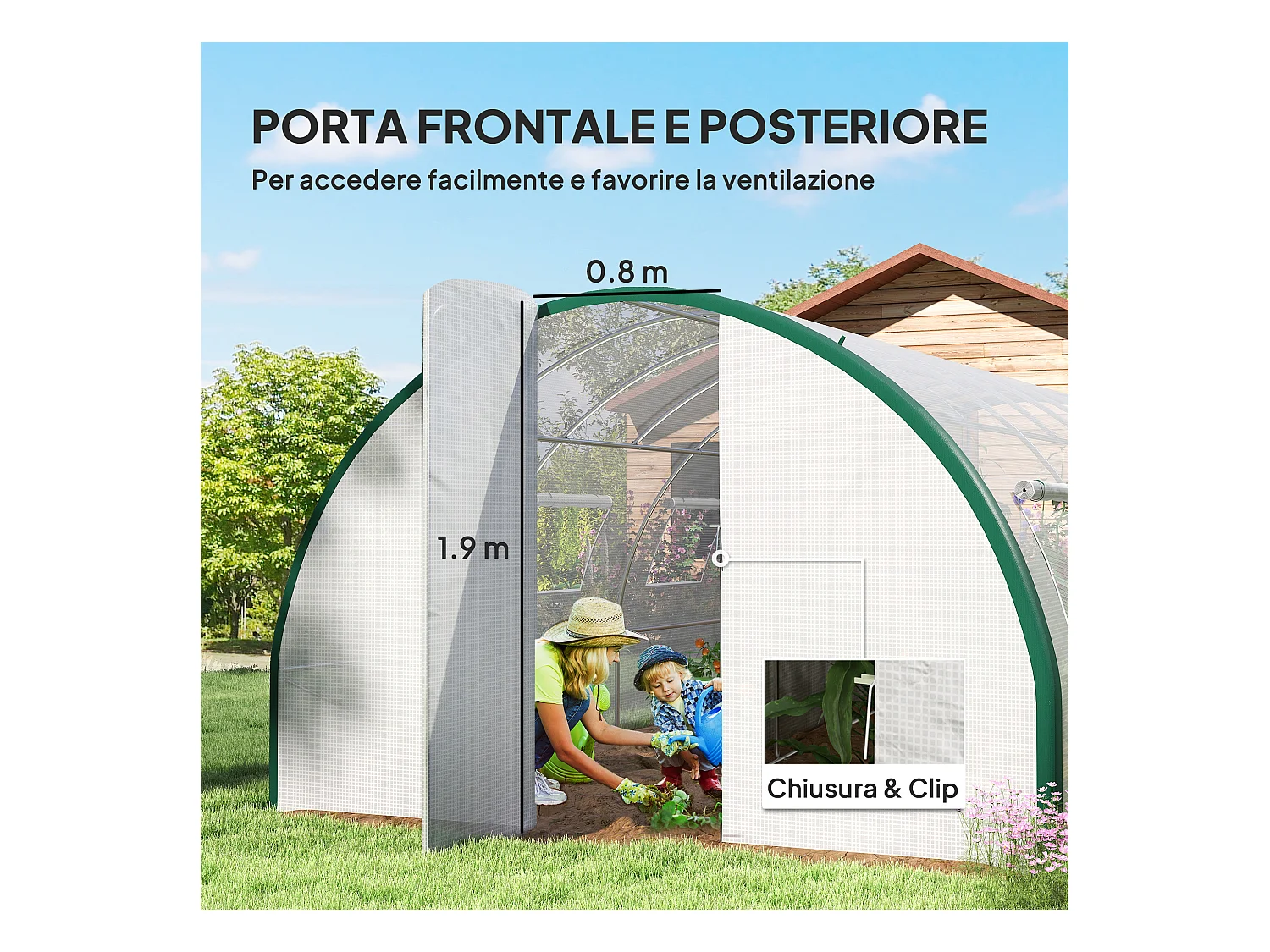 Serra a tunnel 6x3m con 2 porte a cerniera e 8 finestre bianco e verde