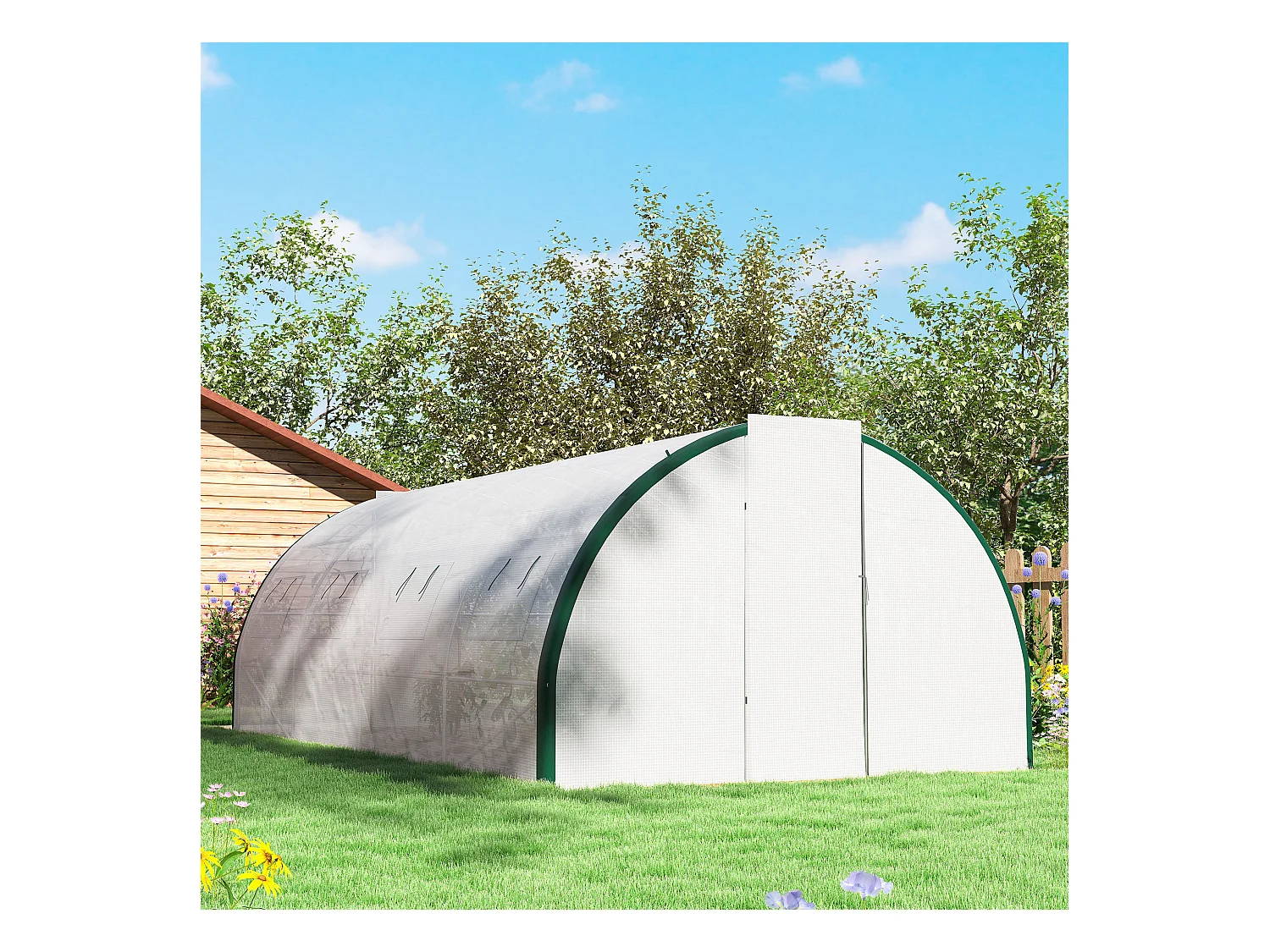 Serra a tunnel 6x3m con 2 porte a cerniera e 8 finestre bianco e verde