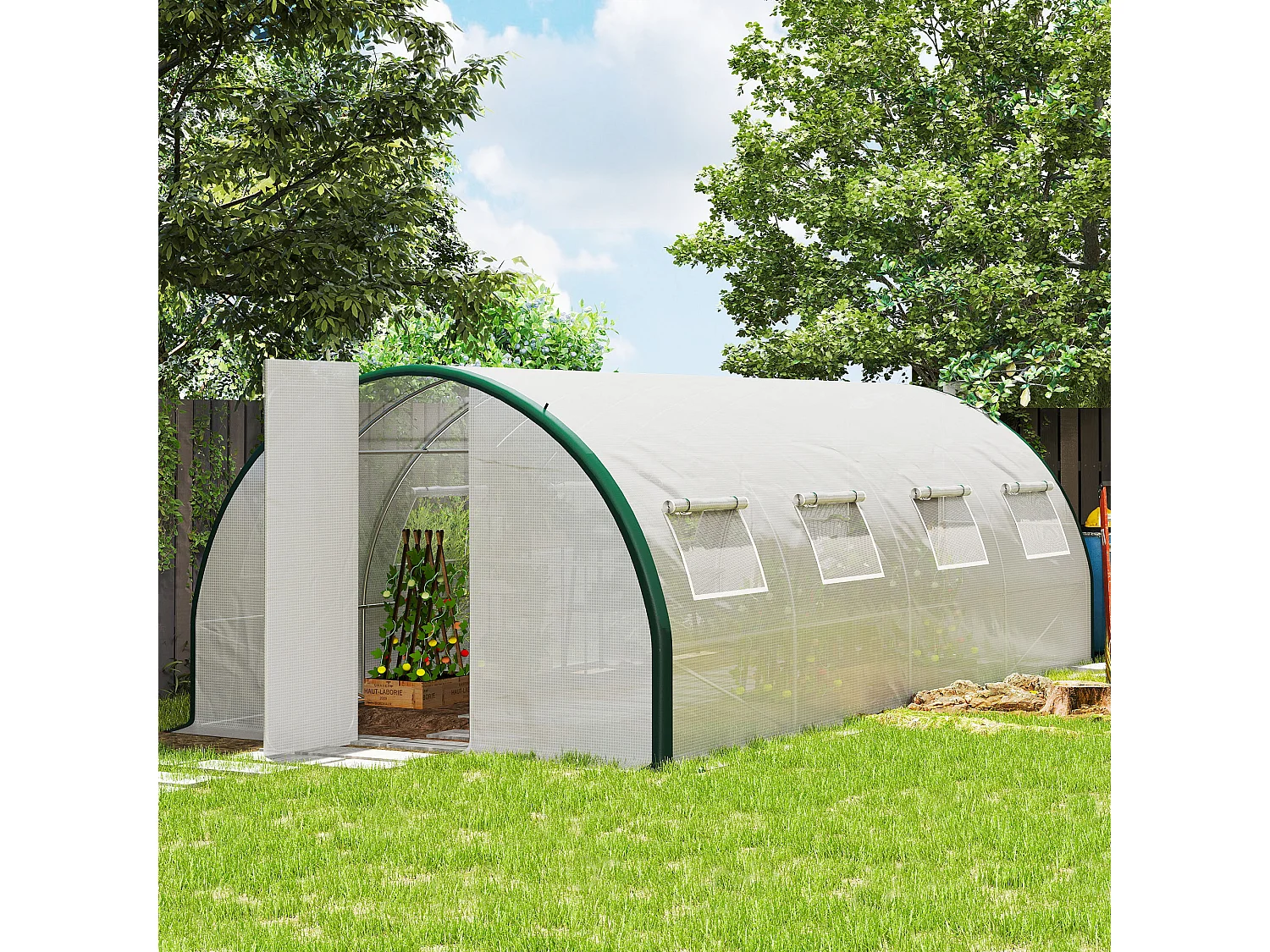 Serra a tunnel 6x3m con 2 porte a cerniera e 8 finestre bianco e verde