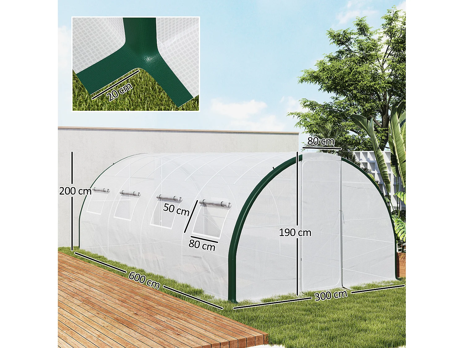 Serra a tunnel 6x3m con 2 porte a cerniera e 8 finestre bianco e verde