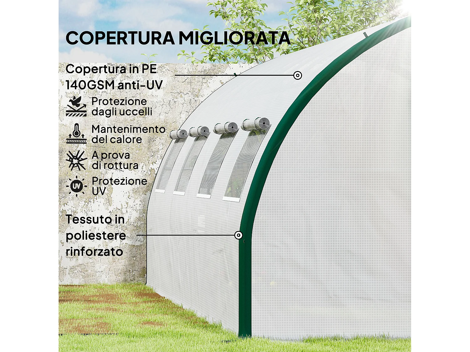 Serra a tunnel 6x3m con 2 porte a cerniera e 8 finestre bianco e verde