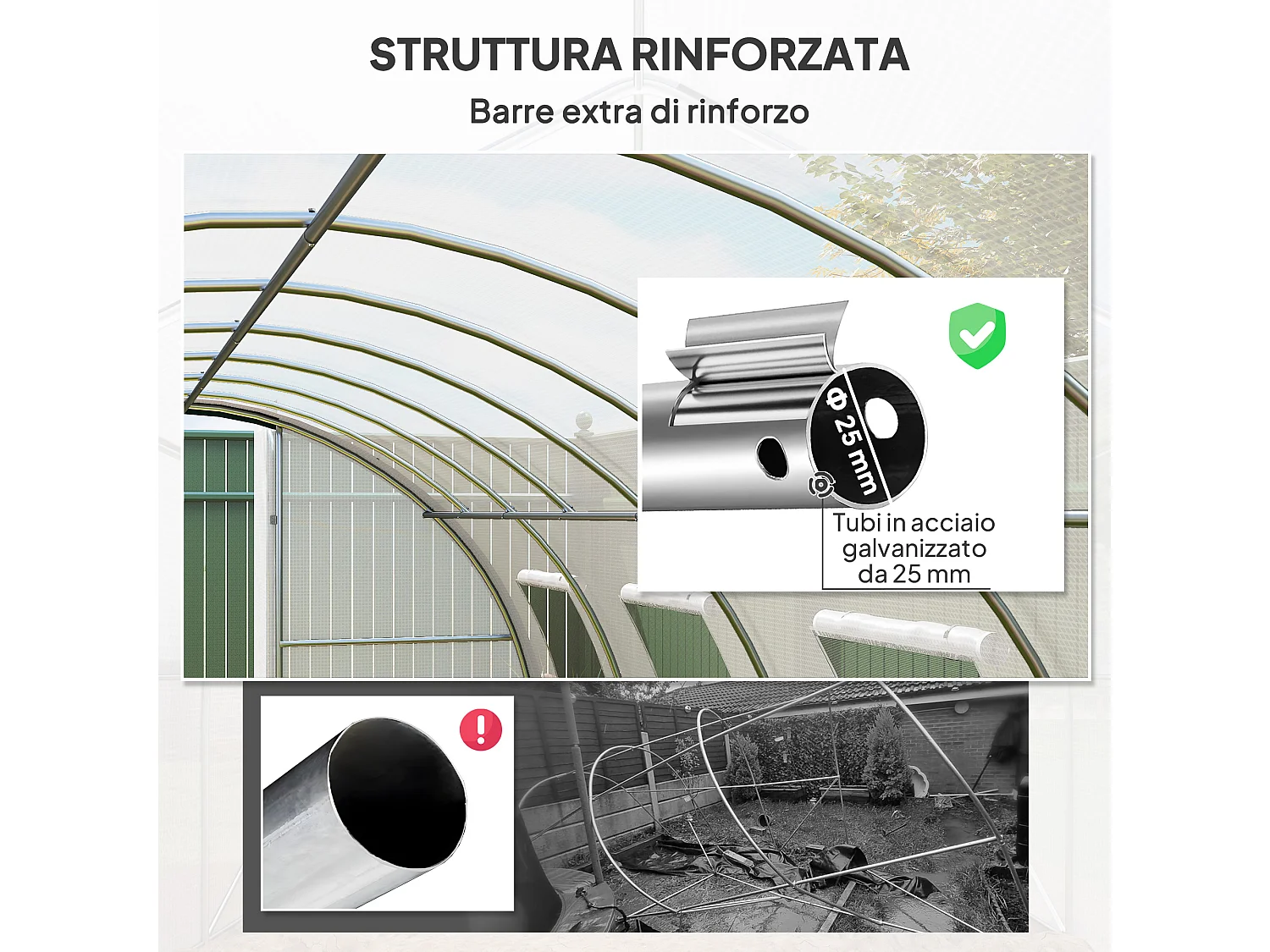 Serra a tunnel 6x3m con 2 porte a cerniera e 8 finestre bianco e verde